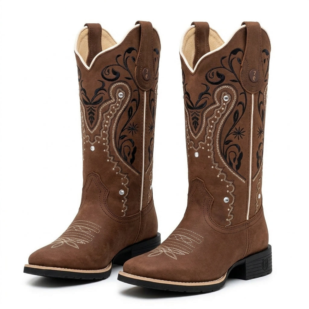 BOTA TEXANA – COURO HORSE NESCAU BORDADO FLORÊNCIA PRETO, BRANCO E BEGE - foto 4