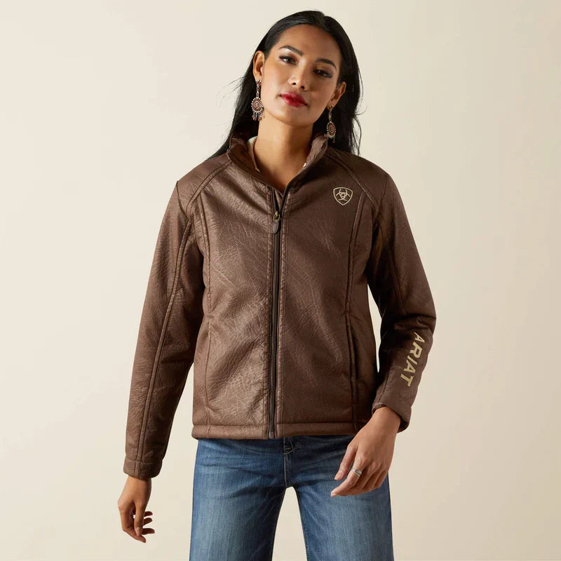 Jaqueta feminina Ariat com logo em couro sintético marrom, modelo Softshell - foto 5