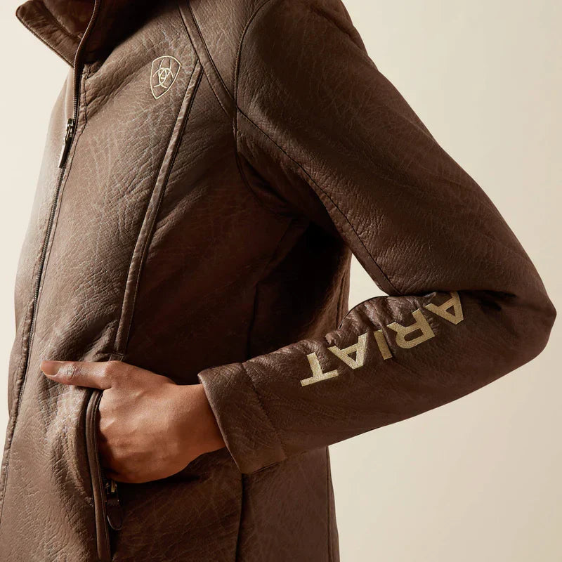 Jaqueta feminina Ariat com logo em couro sintético marrom, modelo Softshell - foto 2
