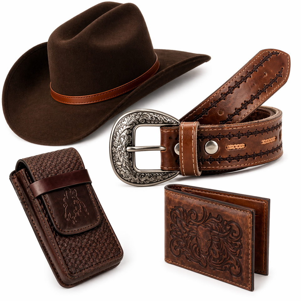 KIT COUNTRY RODEIO CHAPÉU MONTANA + CINTO + CAPA E CARTEIRA EM COURO