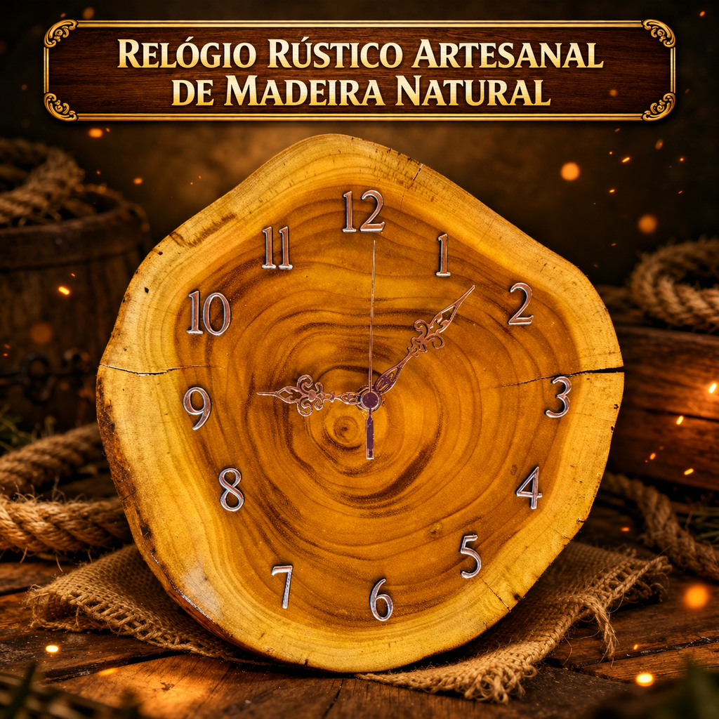 Relógio Rustico Artesanal de Madeira Natural