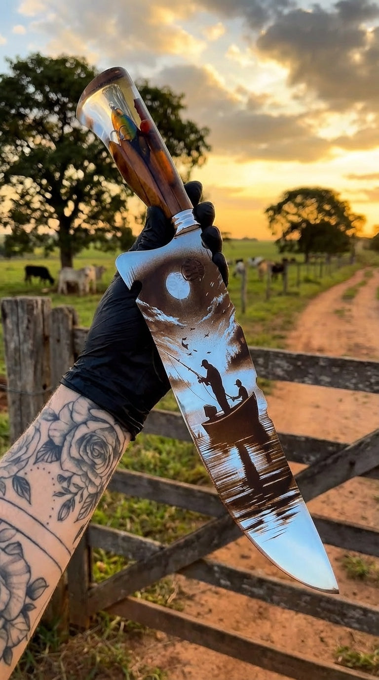 Faca Artesanal Premium “Pôr do Sol dos Pescadores” – Gravação em Alto Relevo - foto 3