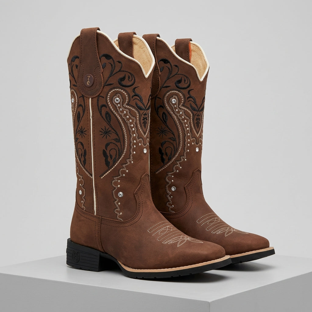 BOTA TEXANA – COURO HORSE NESCAU BORDADO FLORÊNCIA PRETO, BRANCO E BEGE - foto 3